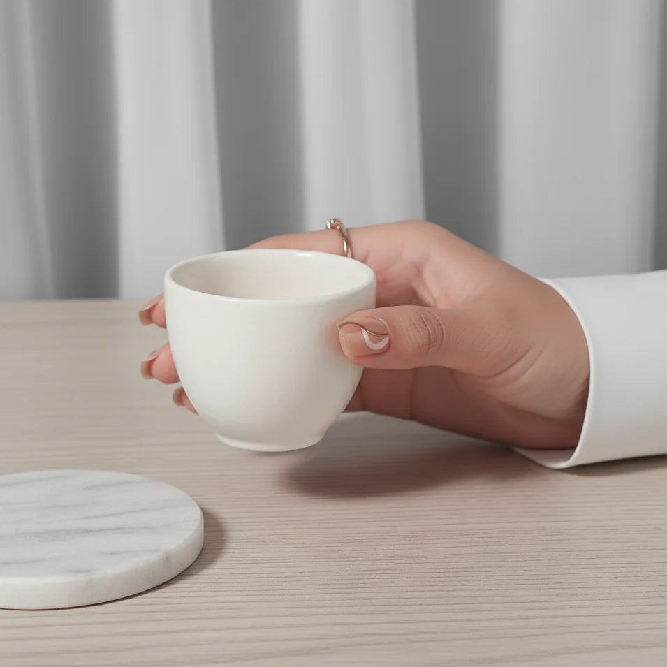Hånd med Summer Swirl firkantede gelenegle holder kop, nude swirl press-on negle lifestyle