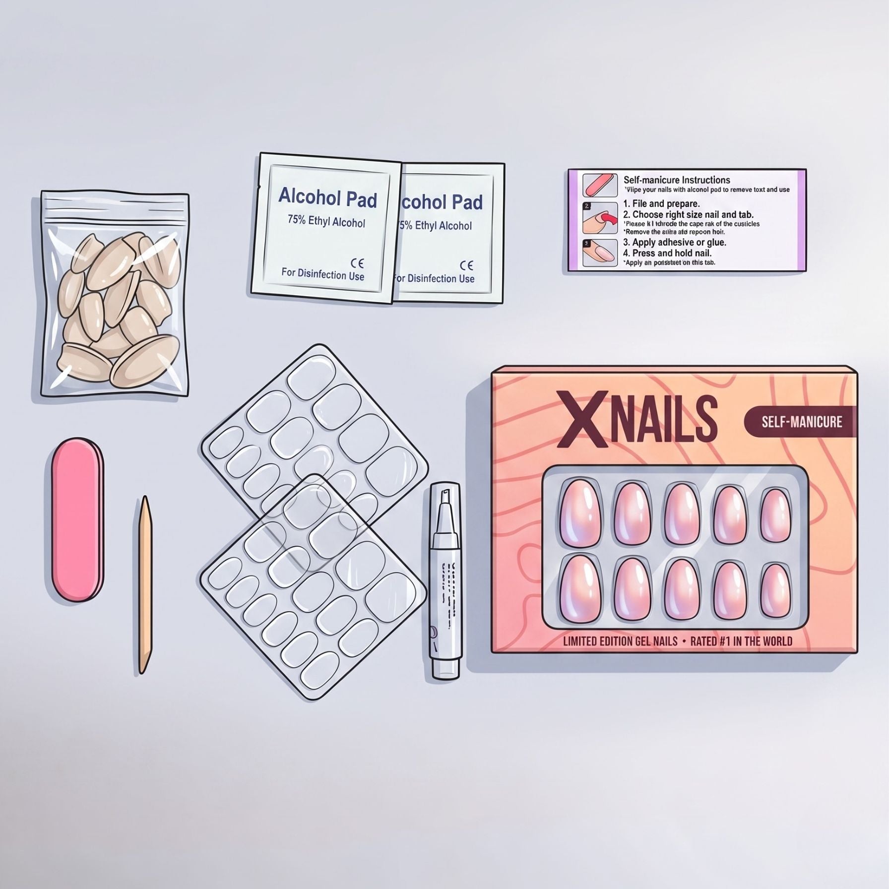 Illustration af XNails selvmanicure-kit med fil, prep-pads, lim og negle