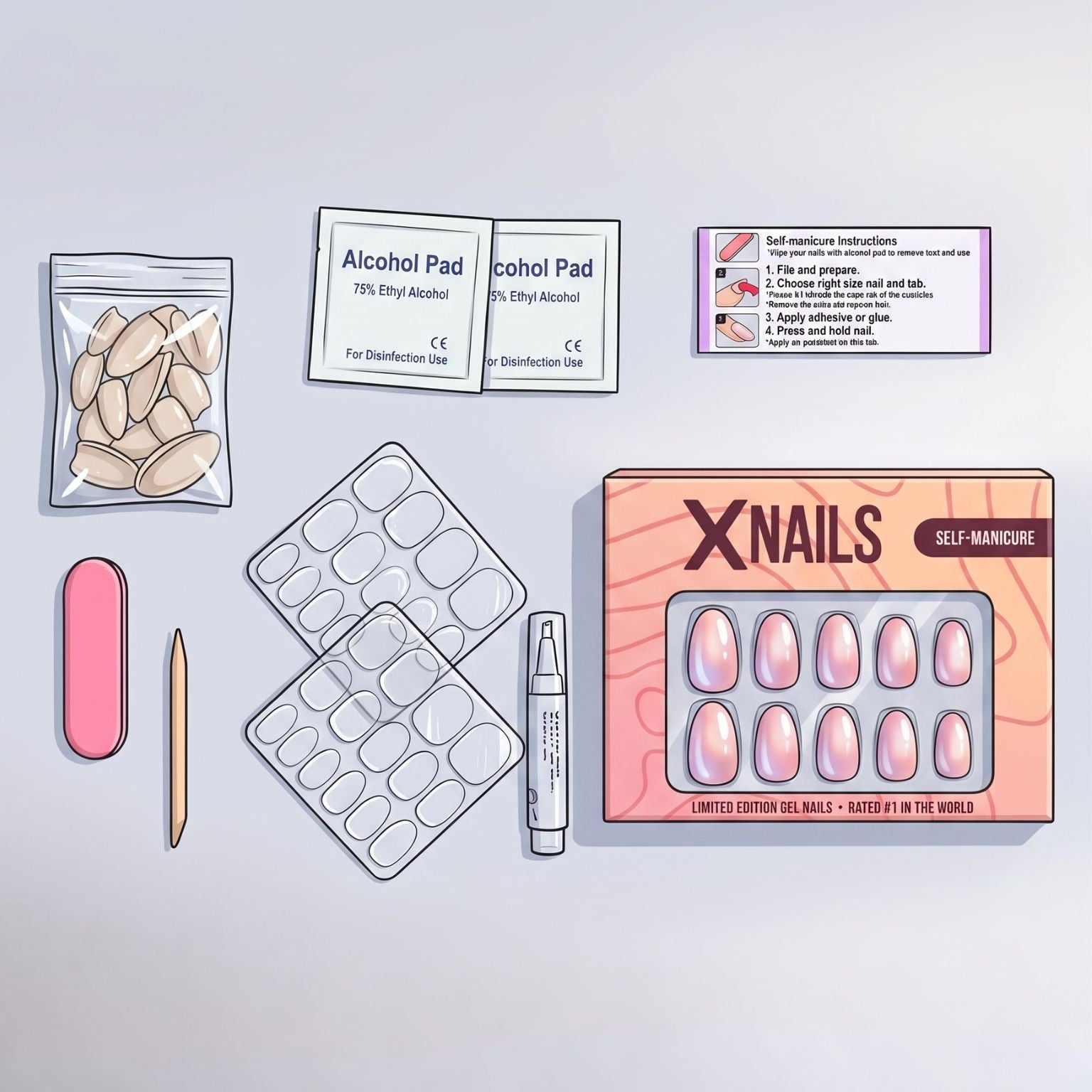 Illustration af XNails selvmanicure-kit med fil, prep-pads, lim og negle