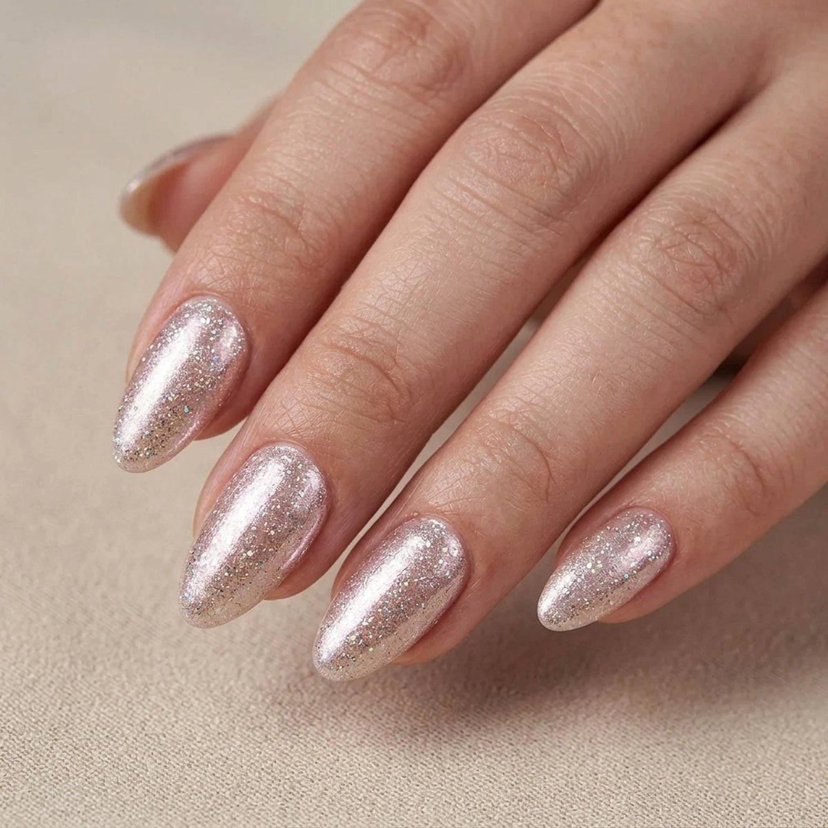 Candy Chrome Press-on-Nägel in Mandelform, rosa Champagner Perl-Chrome