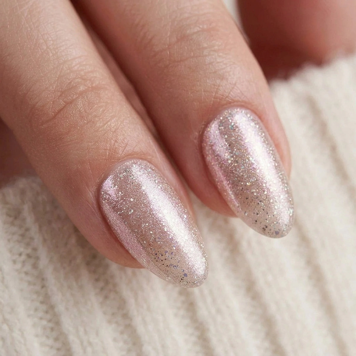 Candy Chrome Press-on-Nägel in Mandelform, rosa Champagner Perl-Chrome