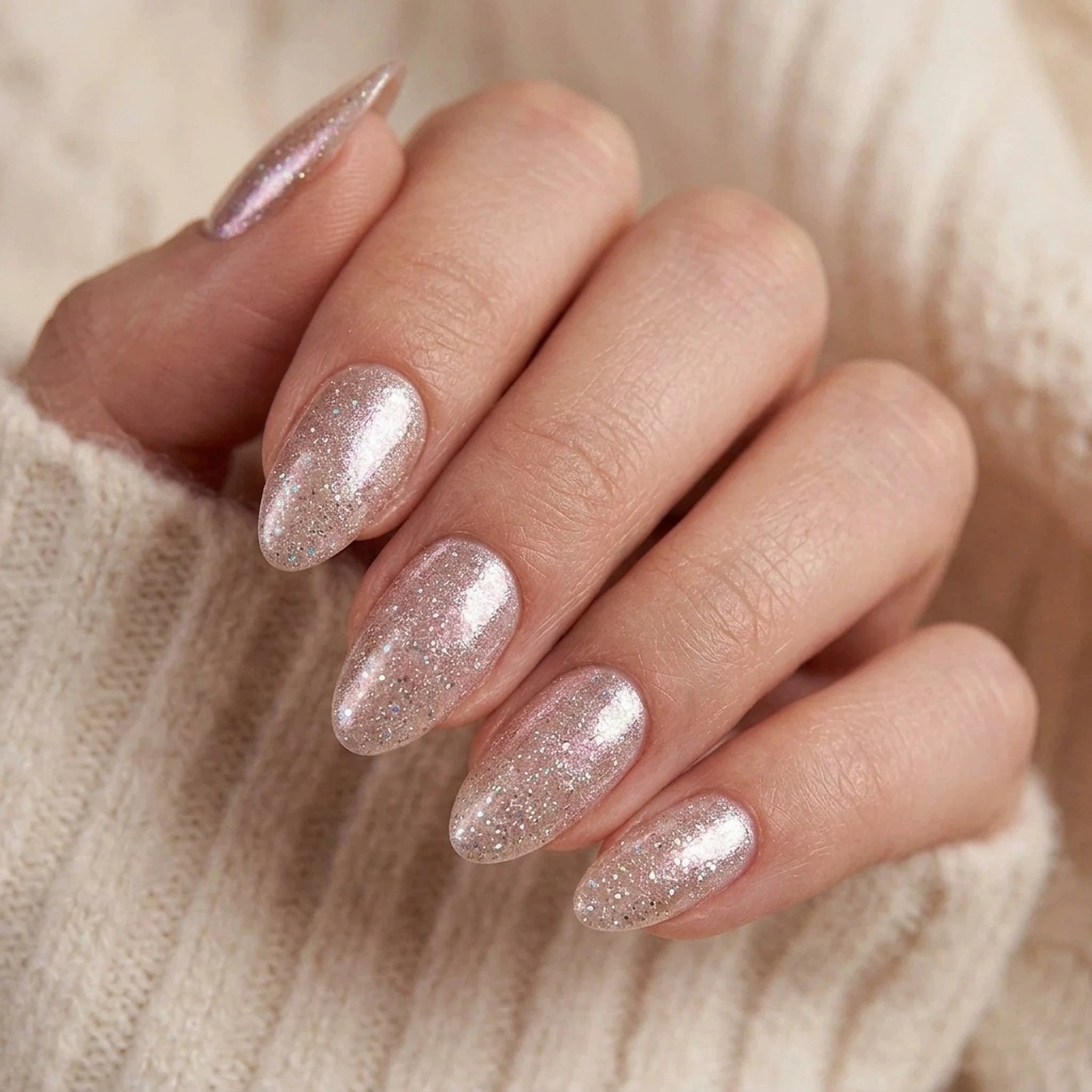 Candy Chrome press-on negle i mandelform, rosa champagne perl-chrome