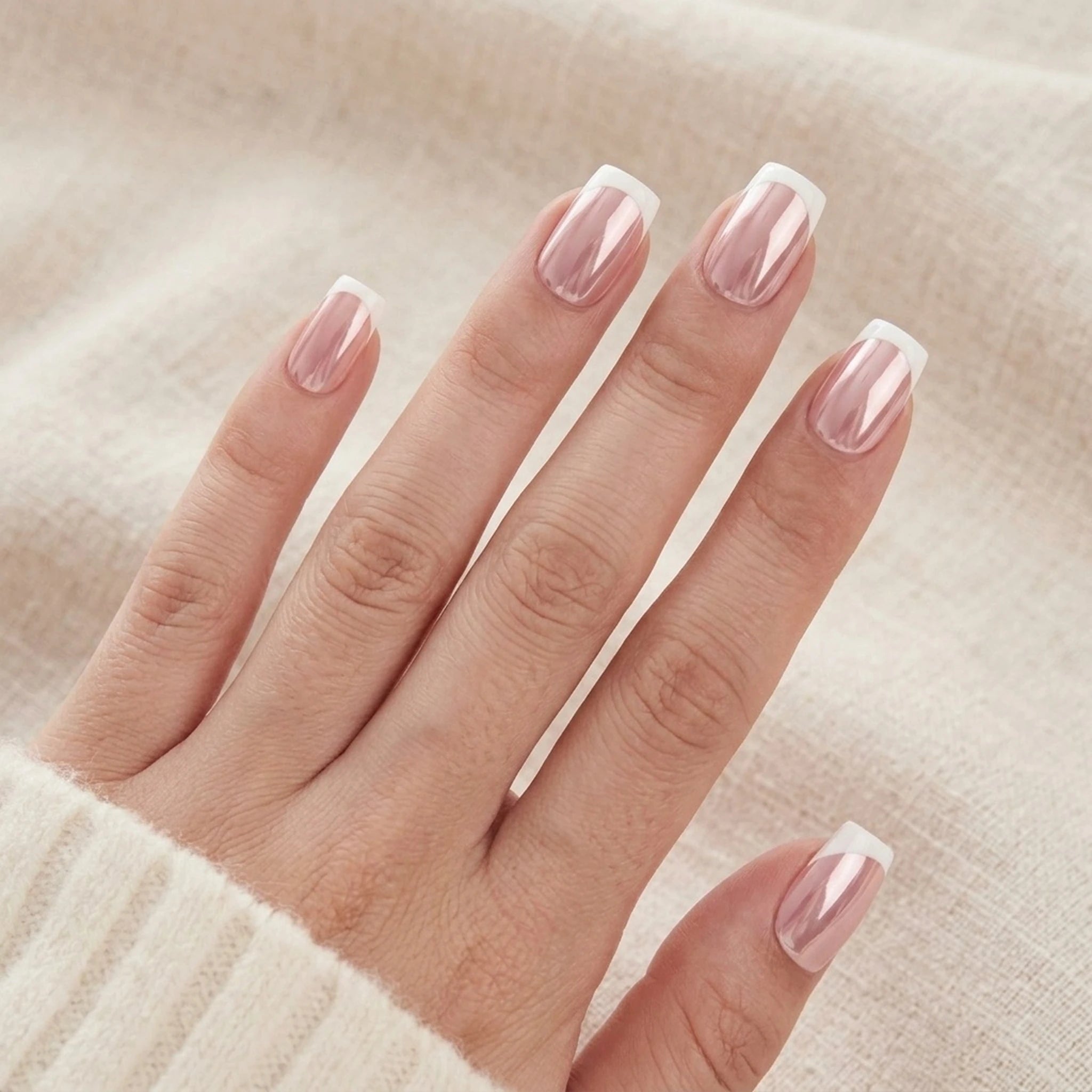 Classic Chrome press-on negle i firkantet form med rosa chrome-finish