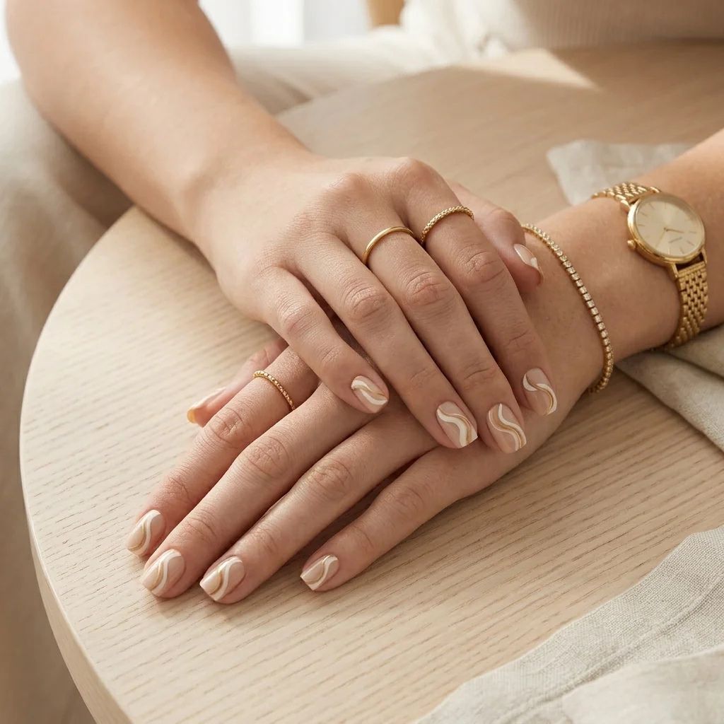 Nudefarbene Press-on-Nägel mit weißen und beigen Wellenmustern. Elegante Hände mit Goldringen und Uhr.