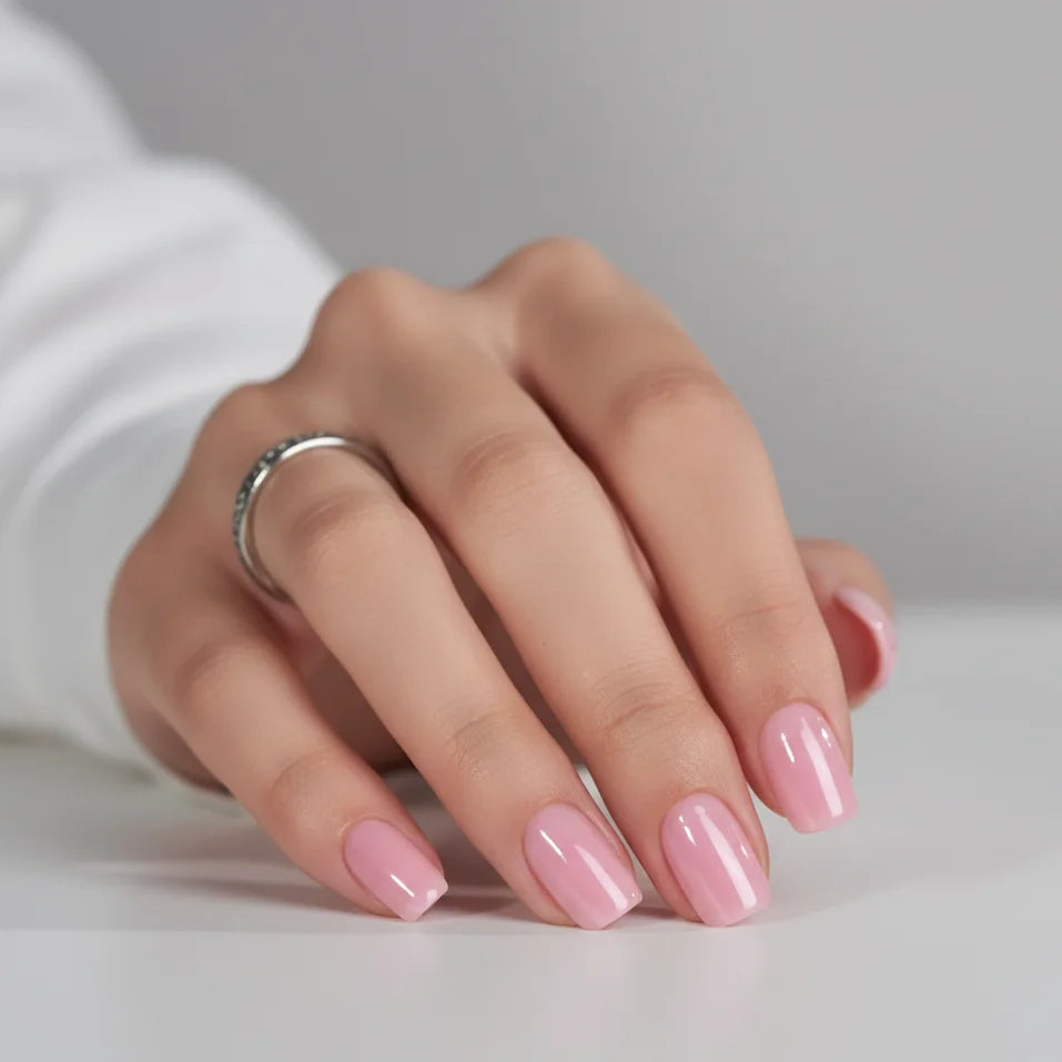 Pinkie Pearl kurze eckige Press-on-Nägel, helles Rosa mit Glanz auf weißer Bluse und grauem Hintergrund