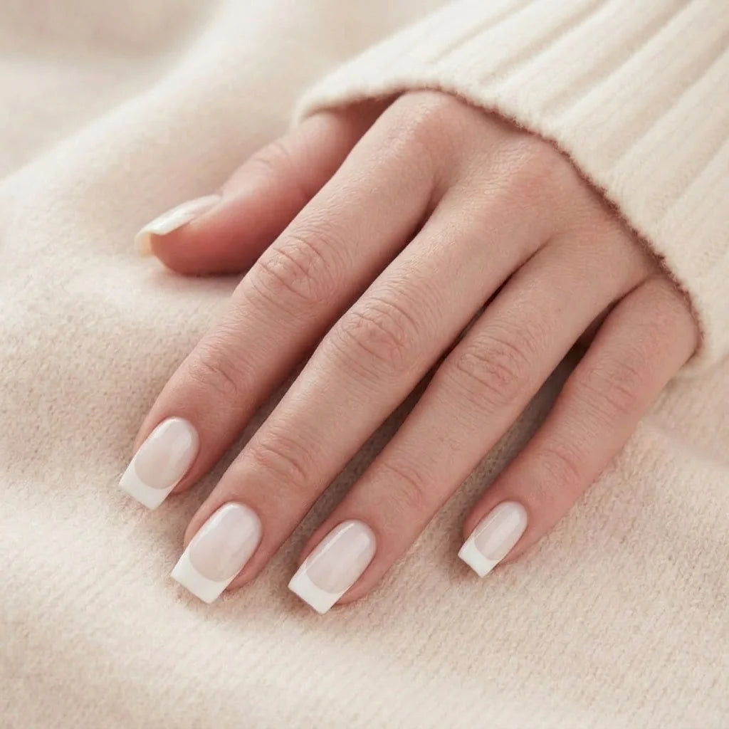 Frosted French negle på hånd kort square form med hvid fransk spids mod beige strikket trøje