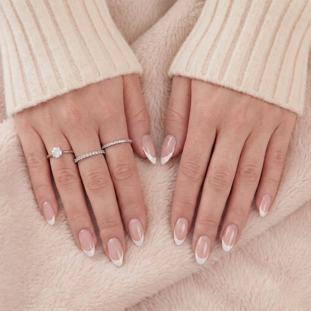 Klassische französische Press-on-Nägel in ovaler Form mit weißen Spitzen. Hände mit Ringen auf weichem Filz.