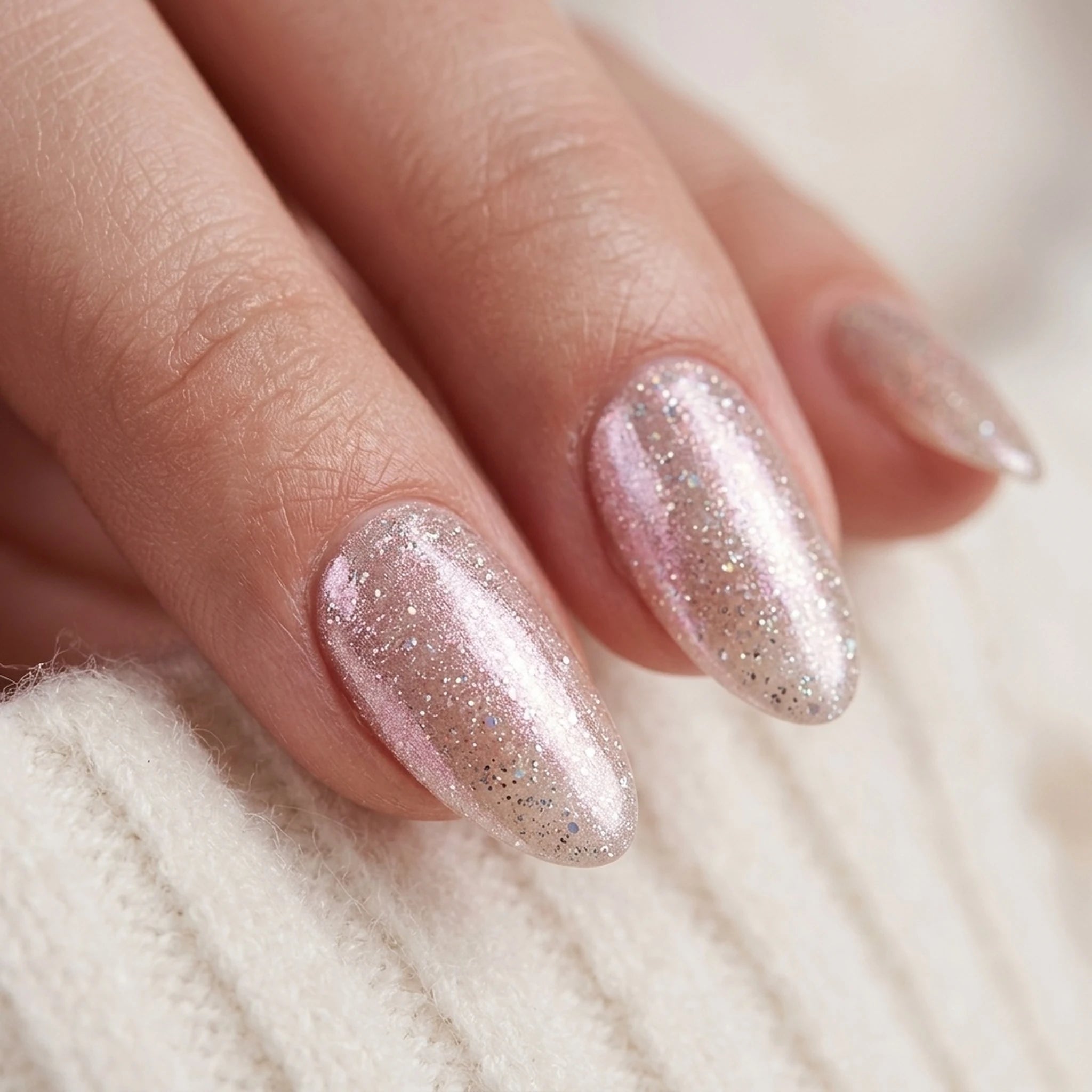Candy Chrome press-on negle i mandelform med rosa chrome-shimmer