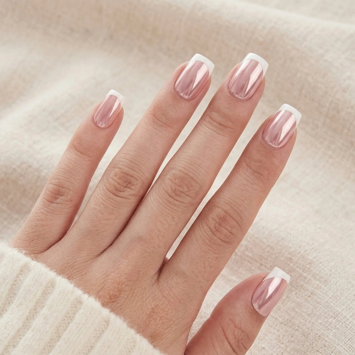 Classic Chrome press-on negle i firkantet form med rosa chrome-finish