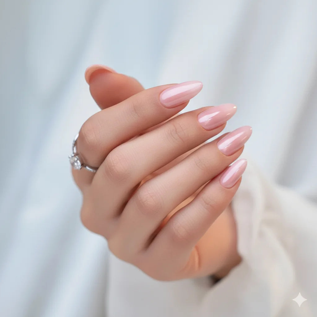 Pinkie Pearl mandelformede løsnegle rosa pearl shimmer mod lys satin