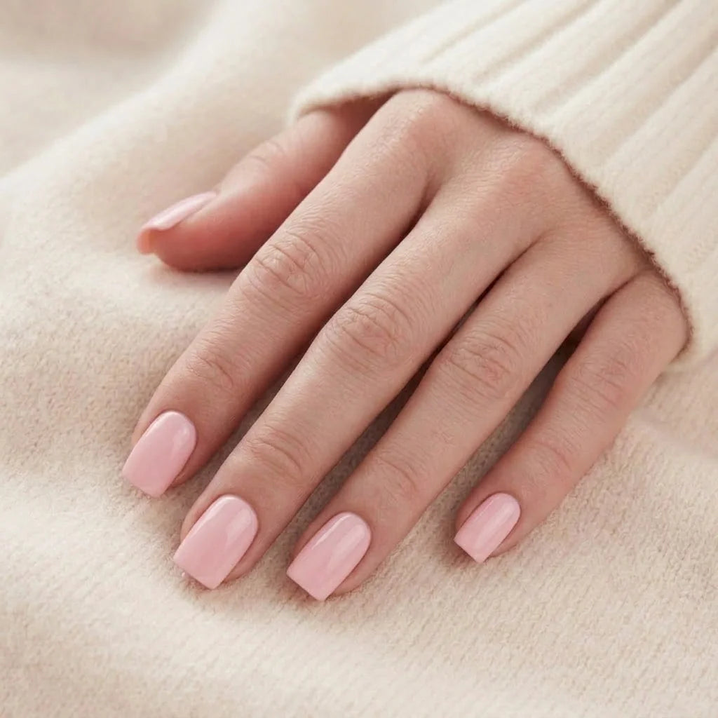 Pinkie Pearl negle på hånd pearl-rosa korte square-negle mod beige strikket trøje