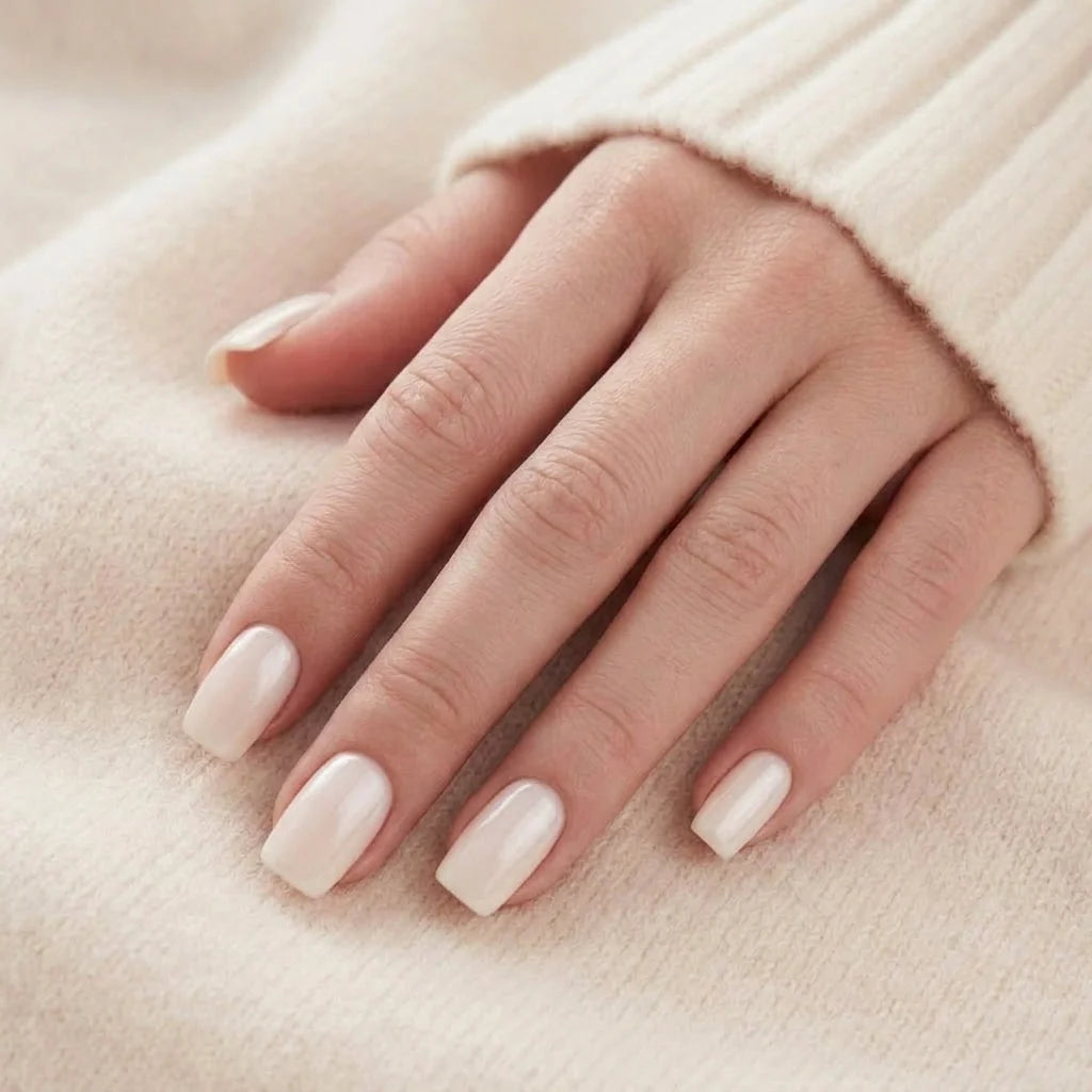 Pure Pearl negle på hånd kort square nude pearl mod beige strikket stof