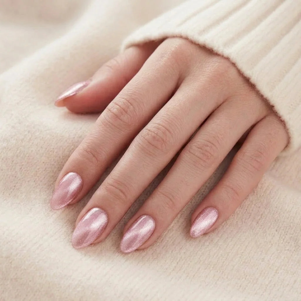 Powder Puff løsnegle nærbillede rosa chrome mandelformede gelénegle mod blød beige strikket baggrund